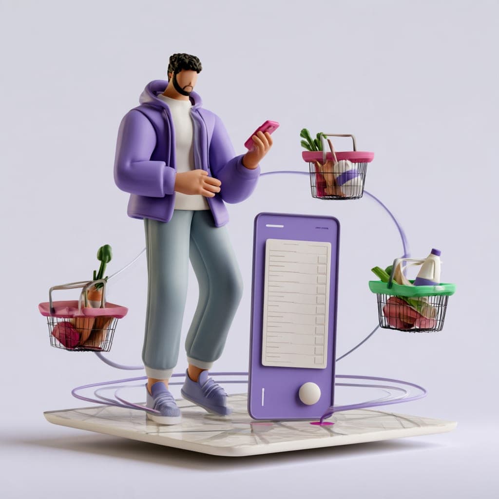 3D illustration of a shopper comparing prices on a phone with baskets from nearby stores