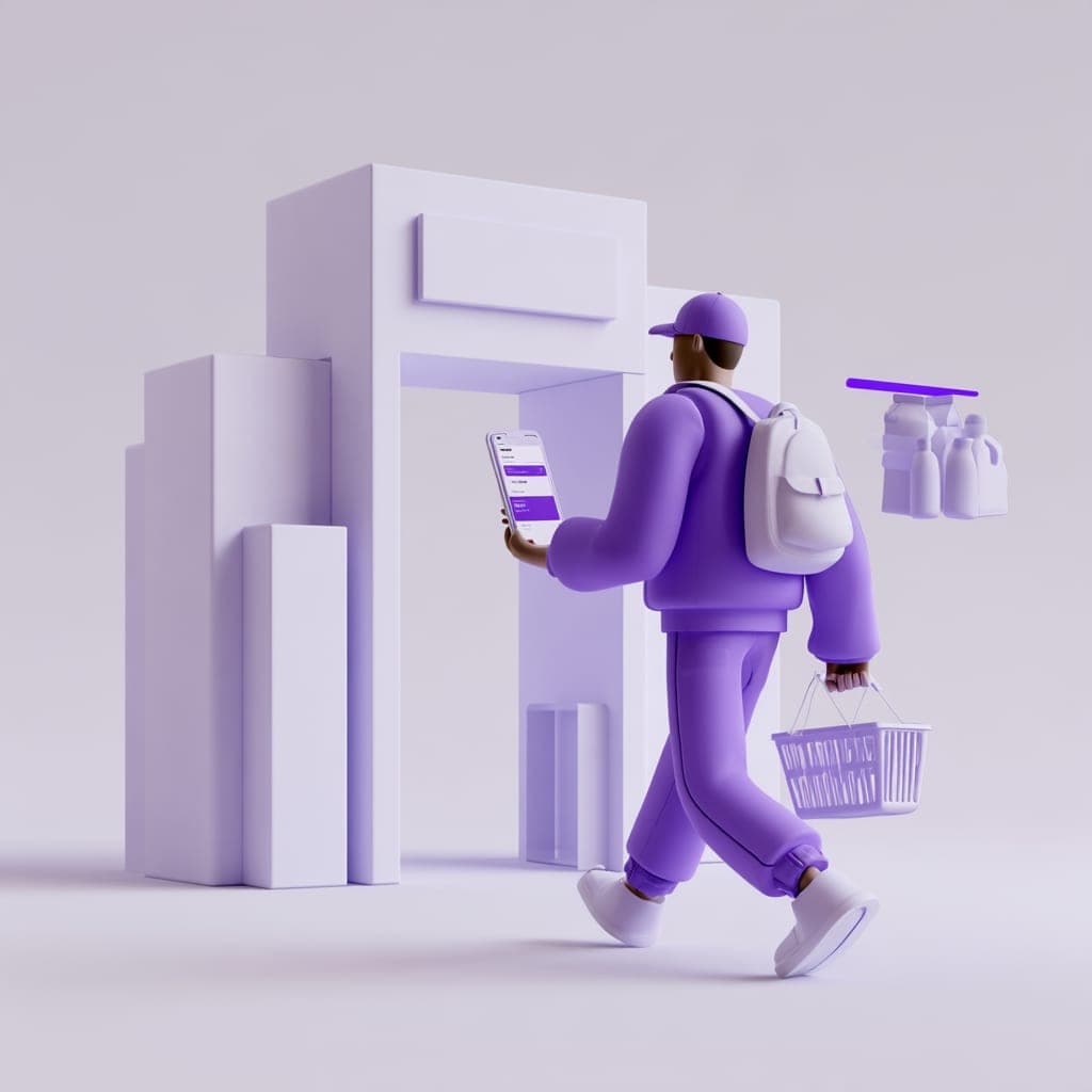 3D illustration of a shopper walking into a store holding a phone and a basket
